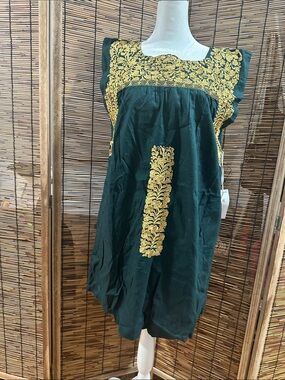 Embroidered Green Women’s Dress with Gold Accents